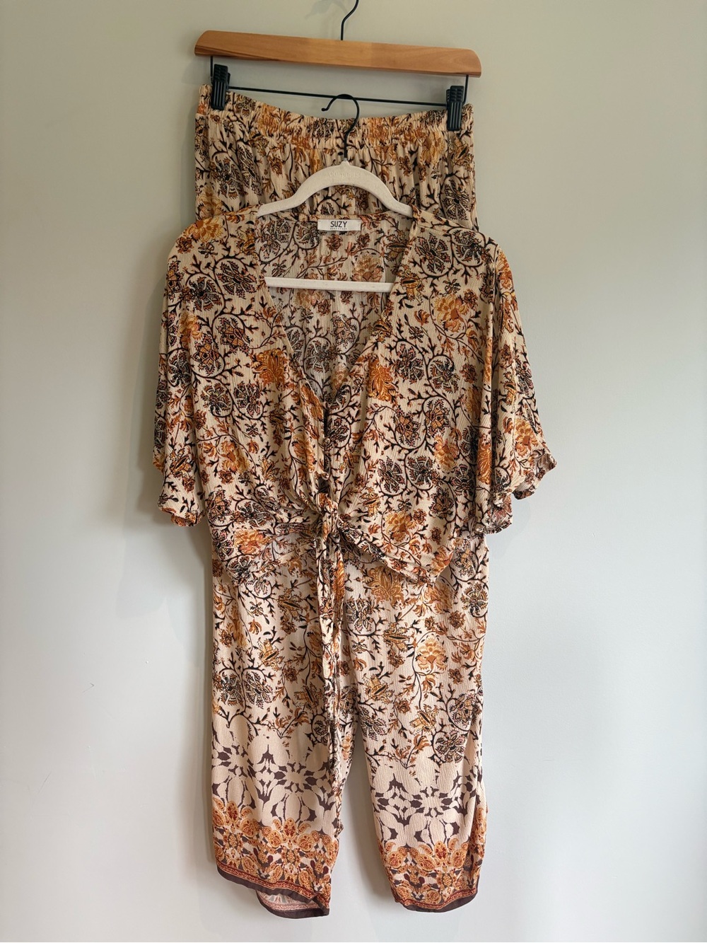 Suzy Shier Boho Floral Matching Set Tie Front Top & Wide Leg Pants / Large